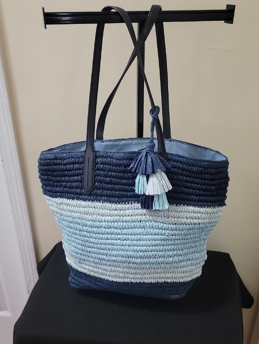 Talbots Blue Ombre Woven Tote Bag with Tassel